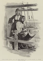 Griechische Frauen, die Seiden- und Goldfaden-Schleier in der Fabrik in Athen herstellen